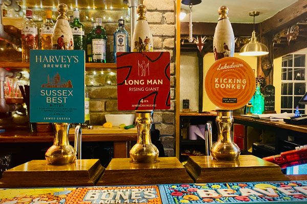 Harvey's, Long Man and Kicking Donkey pump clips on the bar