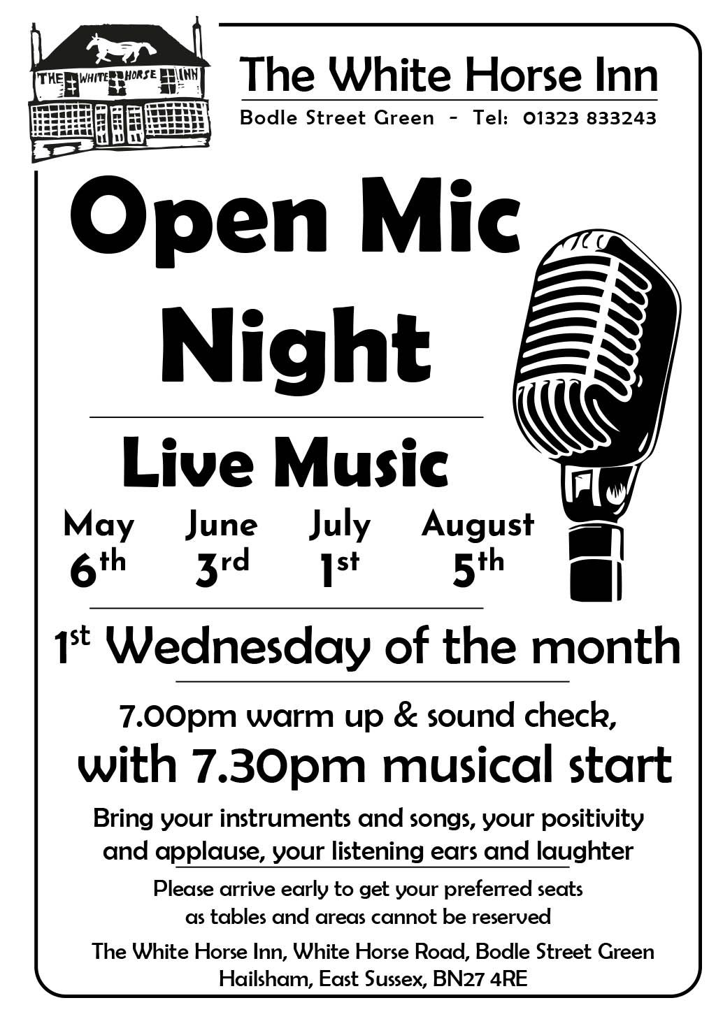 Open mic night poster: first Wednesday of the month, 7pm warm-up and sound check, 7.30pm musical start